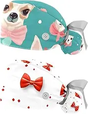 [YTYVAGT] 2-Pc,Nurse Scrub Caps,Scrub Hats with Buttons and Cotton Sweatband,Bow Chihuahua Dog