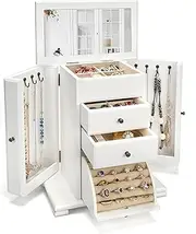 [Generic] Jewelry Box for Women, Rustic Wooden Jewelry Boxes & Organizers with Mirror, 4 Layer Jewelry Organizer Box Display for Rings Earrings Necklaces Bracelets (Weathered White)
