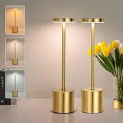 2 Pack Golden Rechargeable Table Lamp - Portable Cordless Table Light with 4000mAh Battery, 3 Colors Battery Operated Touch Lamp - Wireless LED Table Lamp for Outdoor, Bedroom, Living Room,Camping Use