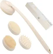 FREATECH 3-in-1 Silicone Body Scrubber with Long Curved Handle and 3 Replaceable Brushes, Bath Shower Back Body Cleansing Brush Exfoliating Brush Scalp Scrubber, Hygienic and Sustainable