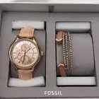 FOSSIL 3 PC SET ROSE GOLD,TAN LEATHER BAND,CRYSTAL WATCH+2 BRACELETS-BQ3154SET