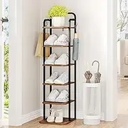 Hzuaneri Vertical Shoe Rack, Shoe Shelves, Wood Shoe Organizer for Closet, Entryway, Shoe Tower for Small Spaces, Free Standing, Adjustable, with 2 Hooks, 6 Tier Rustic Brown SR04201B