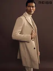 Reiss Oatmeal Herringbone Gable Wool Blend Single Breasted Epsom Overcoat (B98789) | $670