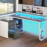 L Shaped Desk with Power Outlet & LED Lights & File Cabinet Corner Computer Desk