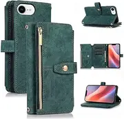 UEEBAI Wallet Case for iPhone 16e, 9 Card Slots Retro Leather Wallet Flip Cover for Women with Hand Strap Card Slots Zipper Pocket Kickstand Handbag Magnetic Closure Flip Case for SE4 - Green