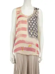 Beige Safety Pin Distressed Flag Tank Top