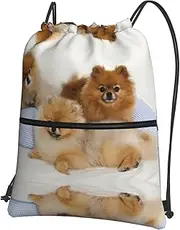 EdWal Cute Pomeranian Print Drawstring Backpack Gym Bags Sports Bags With Zipper Pocket For Travel Beach, Black, One Size