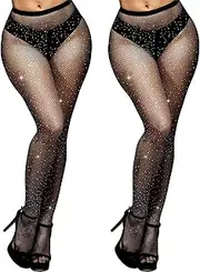 [Lamdgbway] Rhinestone Fishnet Stockings Sparkly Sexy Tights High Waist Pantyhose for Women Party