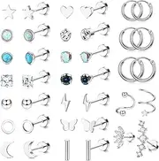 [Sanfenly] 19Pairs Small Earrings Set for Women Men - Surgical Steel Cartilage Helix Hypoallergenic Star Moon Flatback Zirconia Hoop Stud Piercing