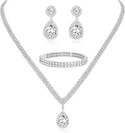 [Kakonia] Sparkled Jewelry Set for Women Silver Rhinestone Necklace Teardrop Dangle Earrings Bracelet for Bride Bridesmaid Crystal Bridal Prom Costume Jewellery