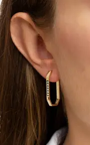[Charms Company] Geometric 14K Yellow Gold Diamond Hoop Earrings
