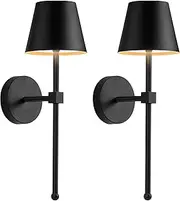 Wall Light Battery Operated Sconce Set of 2, not Hardwired Fixture,Wall Sconce with Remote Dimmable Light Bulb,Easy to Install Not Wires,for Bedroom, Lounge, Farmhouse (Black)