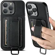 Jarttarn Leather Case for iPhone 16 Pro Max (2024),Frosted Anti-Fall Protective Phone Case with Wrist Strap & Card Slot,Shockproof Protective Back Cover (Black)
