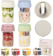 [SOLIGT] 4 Pack Overnight Oats Containers with Lids, Folding Spoons and Divided Compartments for Fruit & Nuts, Small Glass 16oz Mason Jars for Oatmeal (4 Set-Oat White/Green/Rose/Blue)