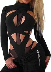 [Generic] Women Rave Outfits Neon Bodysuit Crop Top Long Sleeve Swimsuits Mesh Shrug with Buckle for Festival Club Party