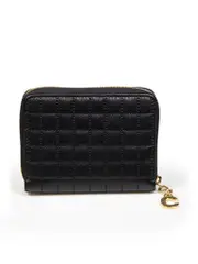 Black Leather C Charm Quilted Wallet