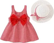 [Generic] Toddler Girls Dress Sleeveless Plaid Skirt Bow Cute Sweet Suspender Dress Princess Dress with Hat Kid Dresses