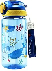 MHwan Children's Drinking Bottle, 600 ml, Robust, Durable, Leak-Proof, BPA-Free, Cute Whale, Portable Straw, Suitable for School, Sports, Trips