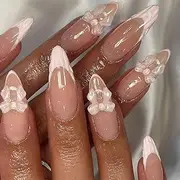 Press on Nails Medium Length Almond, Pink French Nails, Artificial Nails, Fingernails for Sticking, 3D Bow Artificial Nails, Fake Nails, Glue Nails Set, Acrylic Nail Tips, Women's Nail Accessories