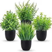 4Pcs Potted Artificial Plants, Small Fake Plants in Black Plastic Pot, Aesthetic Greenery Desk Plant for Home Office Desktop Decor