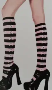 Black Pink Striped Knee Highs Stockings Crossbone Skeleton O/S New Halloween