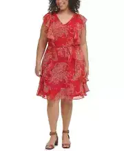 Tommy Hilfiger Women's Plus Size Red Paisley-Print Fit & Flare Dress - 22W - Red