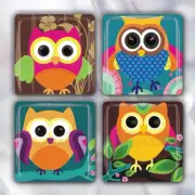 Whimsy Retro Tree Owls Nature Handmade Set of 4 Glass Tile Magnets 1.18" square