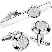 Silver Cufflinks and Tie Clip Set for Men Tuxedo Shirt Necktie Initial Letter...