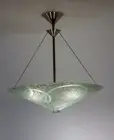 Modern Handcrafted Etched Glass Chandelier, Suspended Clear Bowl, Textured Rings