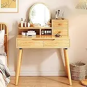 Wooden Vanity Desk, Makeup Vanity Set with Adjustable Brightness Mirror and Drawers, Multifunctional Dressing Table Writing Desk Computer Desk(Wood Colour)