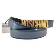 Moschino Gold Logo Blue Leather Belt Size 58 (0183)