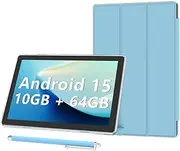 Android 15 Tablet 10 inch Tablets with Case, 10GB RAM + 64GB ROM (Expand to 1TB), Quad Core Processor Tablets, 5G WiFi 6, BT5.0, 1280x800 HD Screen, 6000mAh, Dual Camera, GMS, Widevine L1, Blue