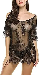 [Generic] Womens Sleeveless Sexy Lace Lingerie V Neck Teddy Babydoll Mesh Nightwear See Through Robe Floral Nightgowns, Black, XX-Large
