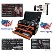3 Drawers Steel Tool Box with Tool Set (over 200 pieces), Lock, Orange & Black