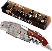 Barvivo Black Resin Wine Opener With Foil Cutter Knife and Cap Remover, Double Hinged Manual Key for Bartenders, Servers, Waiters, Stainless Steel Bottle Opener Corkscrew