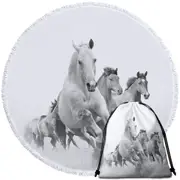 Black and White Running Horses Round Beach Towel