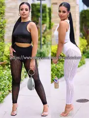 Sexy Women's Sleeveless Stripe Mesh Crop Top Matching Sets Sexy Casual Comfy Set
