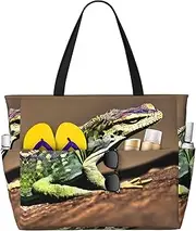 [Ghjkfbf] Lizard Hd Print Large Capacity Beach Travel Bag For Family, Beach Tote Bag For Women With Zipper Pockets, Black, One Size