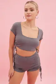 Grey Crop Top Ruched Loungewear Set - Size L, Women's Lg Set
