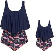 [KABETY] Girls Swimsuit Two Pieces Bikini Set Ruffle Falbala Swimwear Bathing Suits, Navy Blue, Small