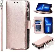 Cavor for iPhone 13 Pro Case,PU Leather Zip Pocket Wallet Flip Cover Case Magnetic Closure Book Design with Kickstand Feature & Card Slots Compatible with iPhone 13 Pro(6.1")-Pink