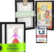 Children's Drawings Picture Frames A4, Set of 2, Black, Hinged & Front Opening, for up to 150 Drawings, Robust Wood & Shatterproof Glass, Ideal for Art Projects, Children's Room & School