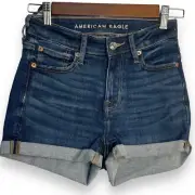 American Eagle High V-Rise Shortie Jean Shorts Women's 0 Blue Next Level Stretch