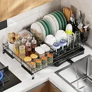 MISSLO Dish Drying Rack - Expandable Dish Rack with Drainboard for Kitchen Counter, Stainless Steel Dish Strainer with Utensil Holder