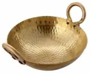 1 Pc Indian Handmade Hammered Brass Handle Kadai Traditional Cooking Wok 4 Liter