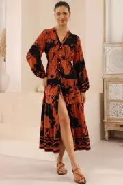 Mandie Maxi Dress - Mandarin Collar Button Down Tiered Dress in Joslyn Print
