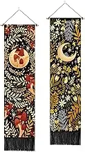 ARTCREATOR Pack of 2 Moon Floral Tapestry Yellow Green Plant Tapestry Botanical Tassel Tapestry Mystical Butterfly Flower Tapestry Vertical Bohemian Tapestry Wall Hanging for Room(12.8 x 51.2'')