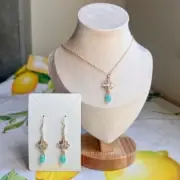 Jewelry Set Czech Glass Neon Chalcedony Blue Green Pearl Cross Casual
