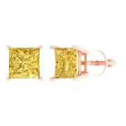 4.0 ct Princess Cut Solitaire Natural Citrine Stud Earrings Real 14k Rose Gold