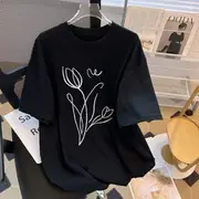 Short-Sleeve Round Neck Flower Print Tee Black - XL